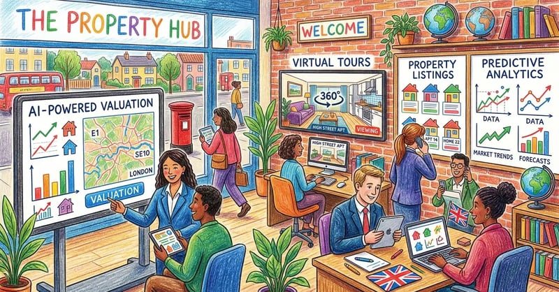 AI for real estate illustration showing UK property agency with AI-powered valuation tools
