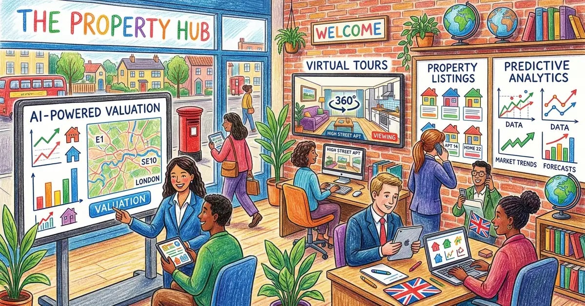 AI for real estate illustration showing UK property agency with AI-powered valuation tools