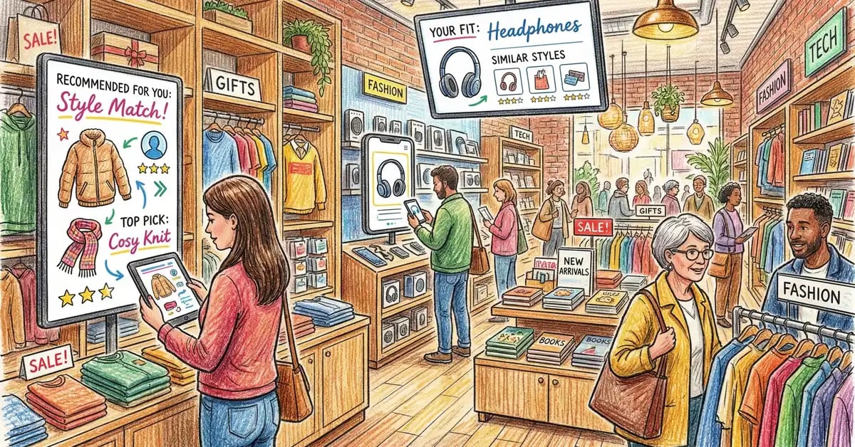 AI for retail and e-commerce illustration showing modern UK retail with AI-powered personalisation