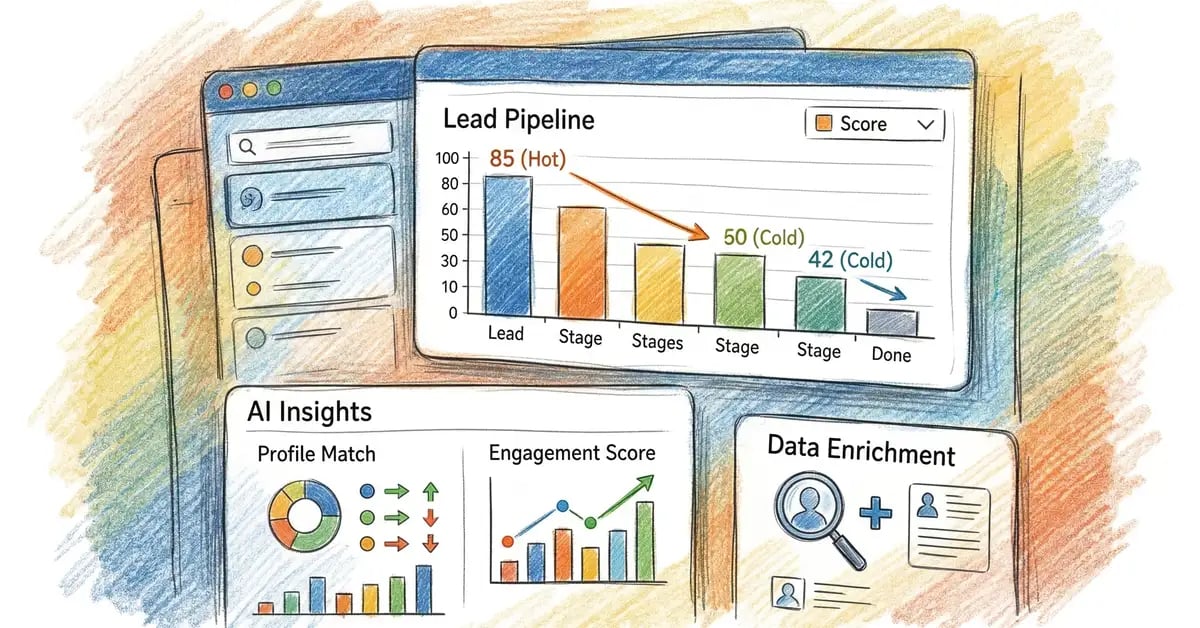 Pencil crayon illustration of a CRM dashboard with AI-powered data enrichment and lead scoring