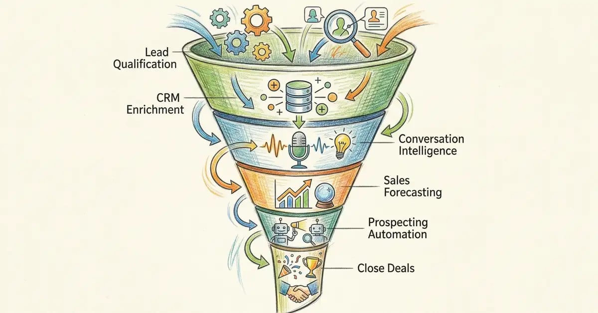 Pencil crayon illustration of a sales pipeline funnel with AI automation icons flowing through each stage