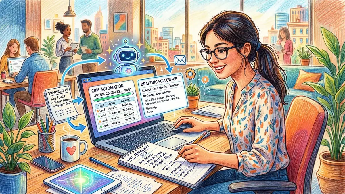 Sales representative using AI assistant to automate CRM updates and draft follow-up emails