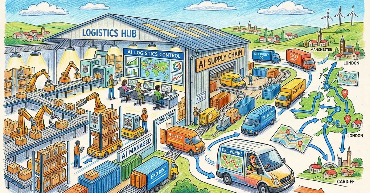 AI for supply chain illustration showing UK logistics hub with AI-powered operations