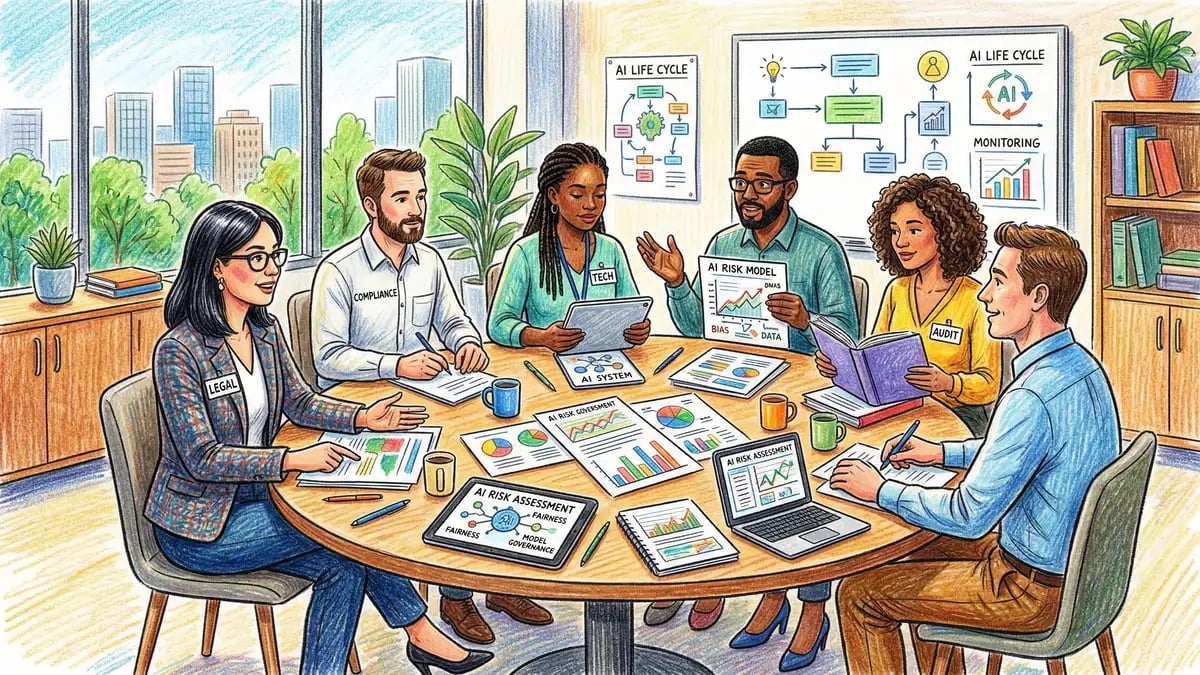 Cross-functional governance committee meeting with legal, compliance, and technology leaders discussing AI risk assessment documents around a conference table
