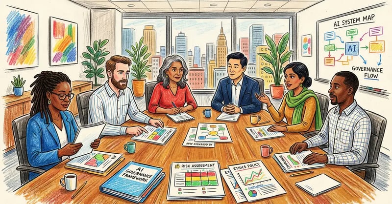 AI governance framework showing board-level oversight structures and risk management processes for UK organisations