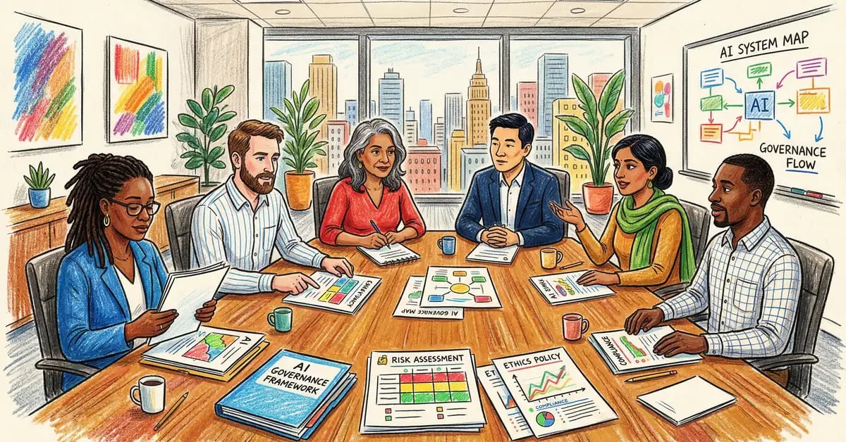 AI governance framework showing board-level oversight structures and risk management processes for UK organisations