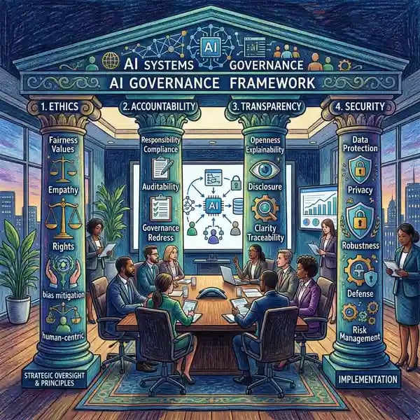 AI governance framework with pillars for ethics accountability transparency and security