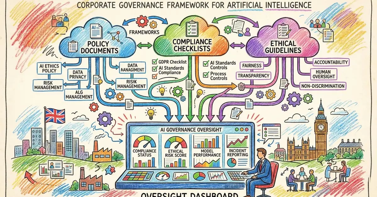 AI governance framework showing interconnected policy documents, compliance checklists, and ethical guidelines for UK businesses