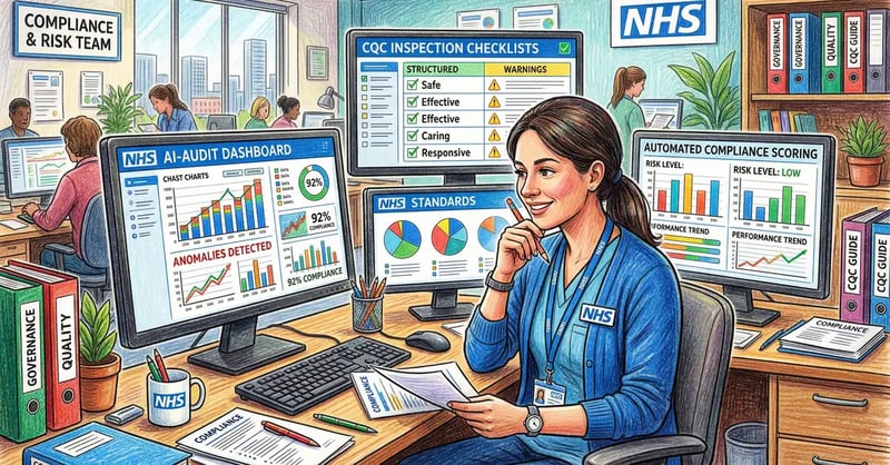 Healthcare compliance officer reviewing AI-driven audit dashboards and CQC inspection readiness