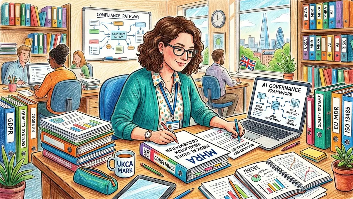 UK healthcare compliance officer reviewing MHRA AI medical device regulation