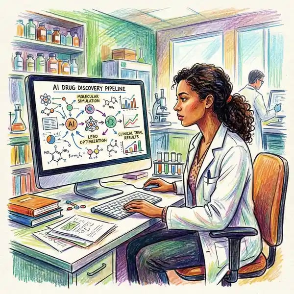 Medical researcher reviewing AI drug discovery pipeline data