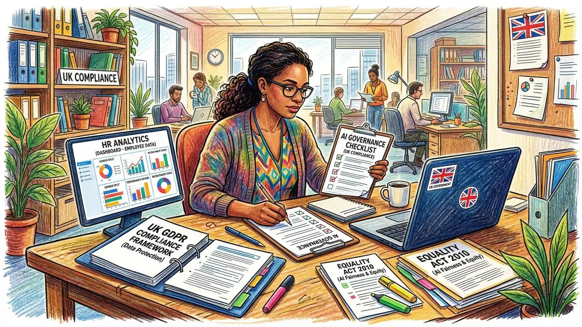 UK compliance officer reviewing AI governance documentation with GDPR and Equality Act guidelines