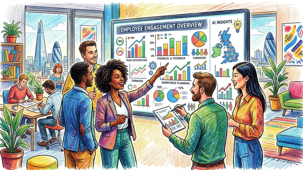 UK business team reviewing AI-powered workforce analytics and employee engagement dashboard