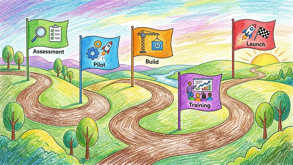 Illustration of a winding road with five milestone flags representing the phases of AI implementation