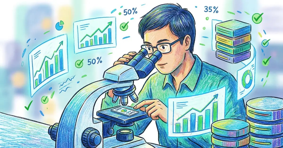 Illustration of a data analyst examining data quality under a microscope with floating charts and metrics
