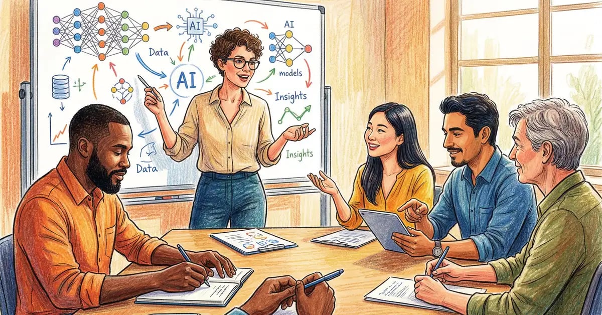 Illustration of a diverse business team in a workshop learning about AI with a trainer at a whiteboard