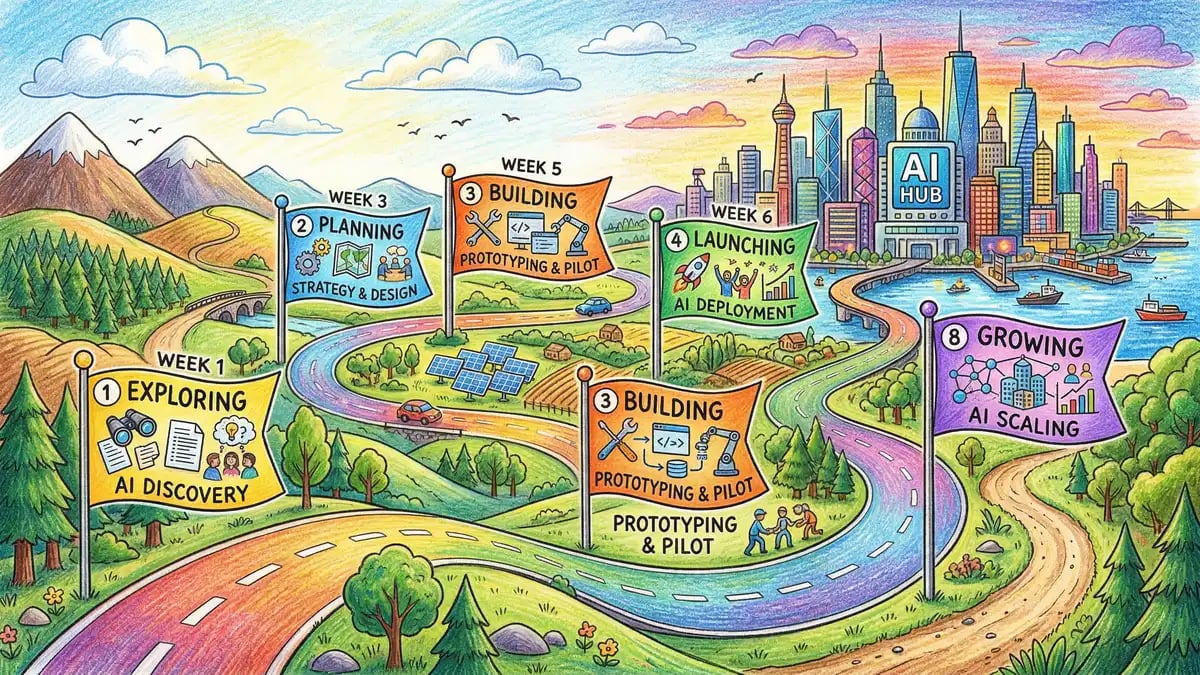 Pencil-crayon illustration of a winding road with numbered milestone flags showing the phases of an AI implementation journey from discovery through scaling