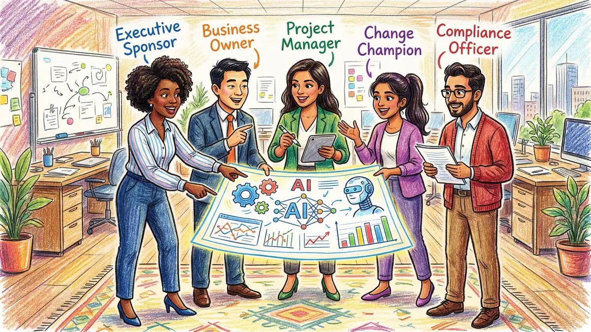 Pencil-crayon illustration of five diverse business professionals representing key stakeholder roles in an AI implementation project