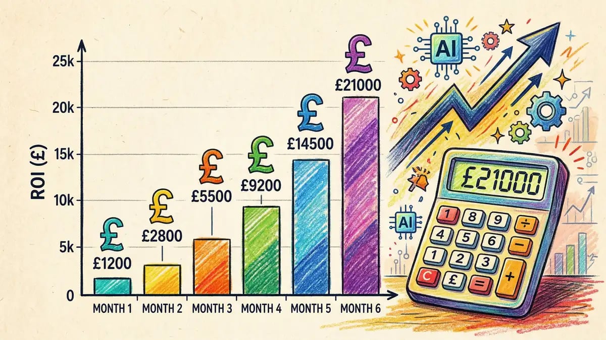 Pencil-crayon illustration of a rising bar chart with pound sterling symbols representing ROI from AI implementation