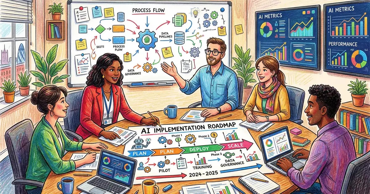 Pencil-crayon illustration of a UK business leadership team reviewing an AI implementation roadmap with timeline milestones and data dashboards