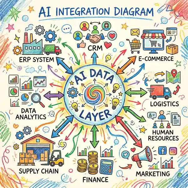 AI integration connecting multiple business systems through central data layer