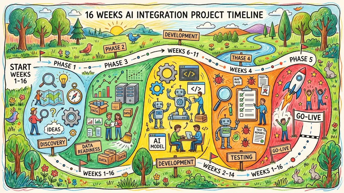 16-week AI integration project timeline spanning discovery, data readiness, development, testing, and go-live phases