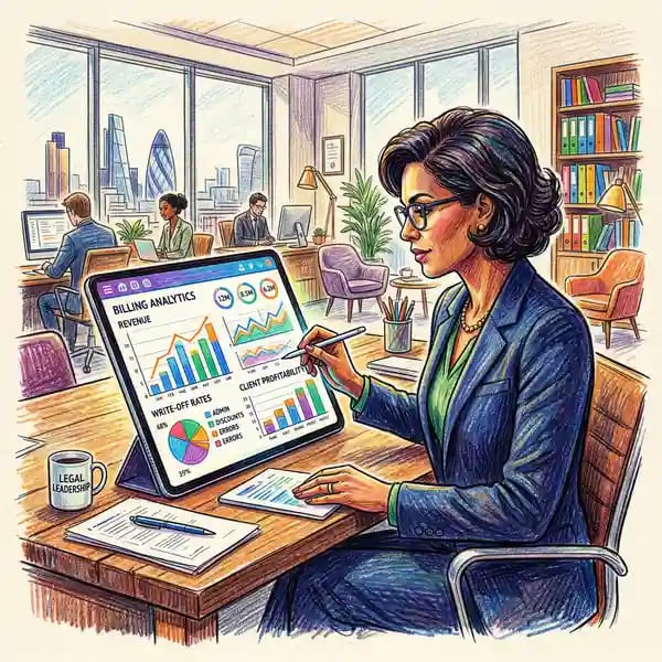 Law firm partner reviewing billing analytics on tablet showing revenue charts and profitability metrics