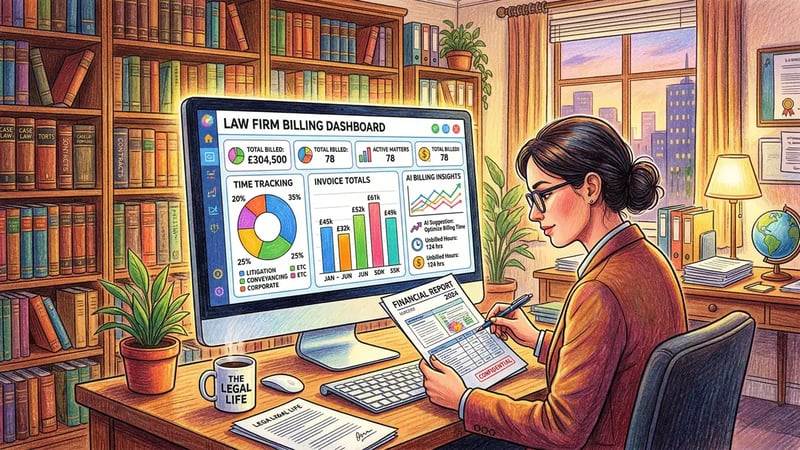 AI-powered legal billing dashboard showing time tracking and invoice analytics
