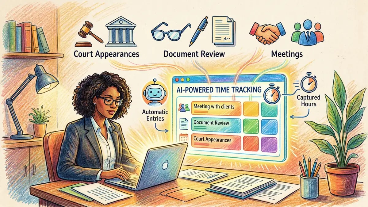 AI-powered time tracking automatically capturing billable hours with icons for different legal tasks