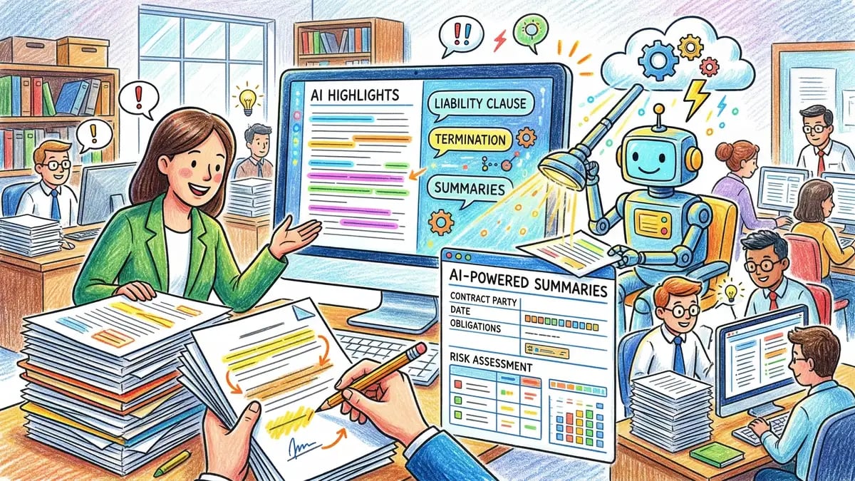 AI-powered legal document review workflow showing contract clauses being highlighted and extracted from stacks of legal documents