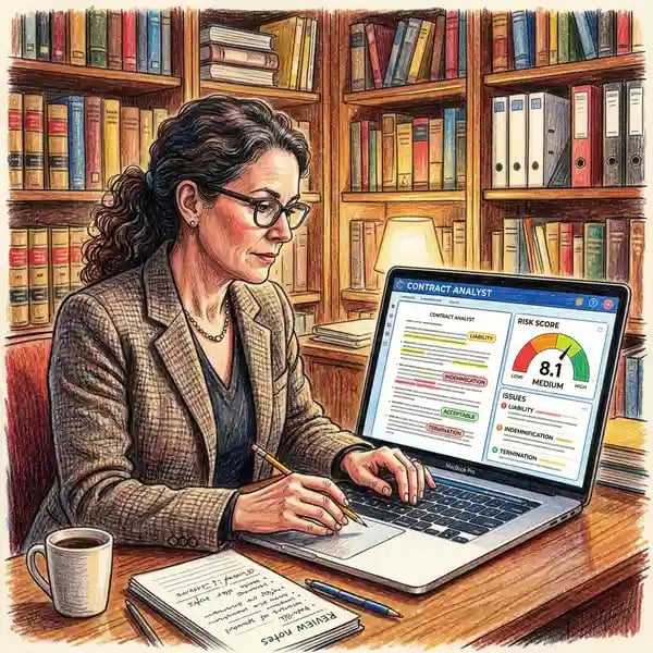 Legal professional reviewing AI-powered contract analysis on laptop with law books in background
