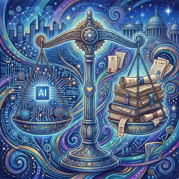 Scales of justice balanced between AI technology and traditional legal documents