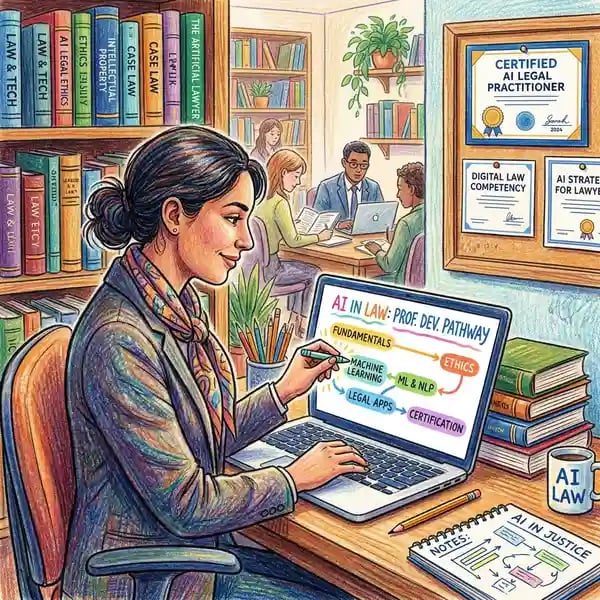 Legal professional developing AI skills through training with certification documents and digital learning interface