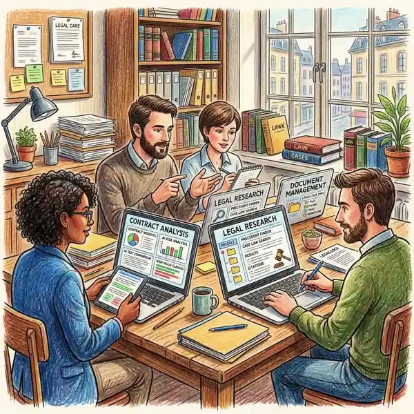 Legal AI tools comparison showing contract analysis software and legal research platforms on laptop screens
