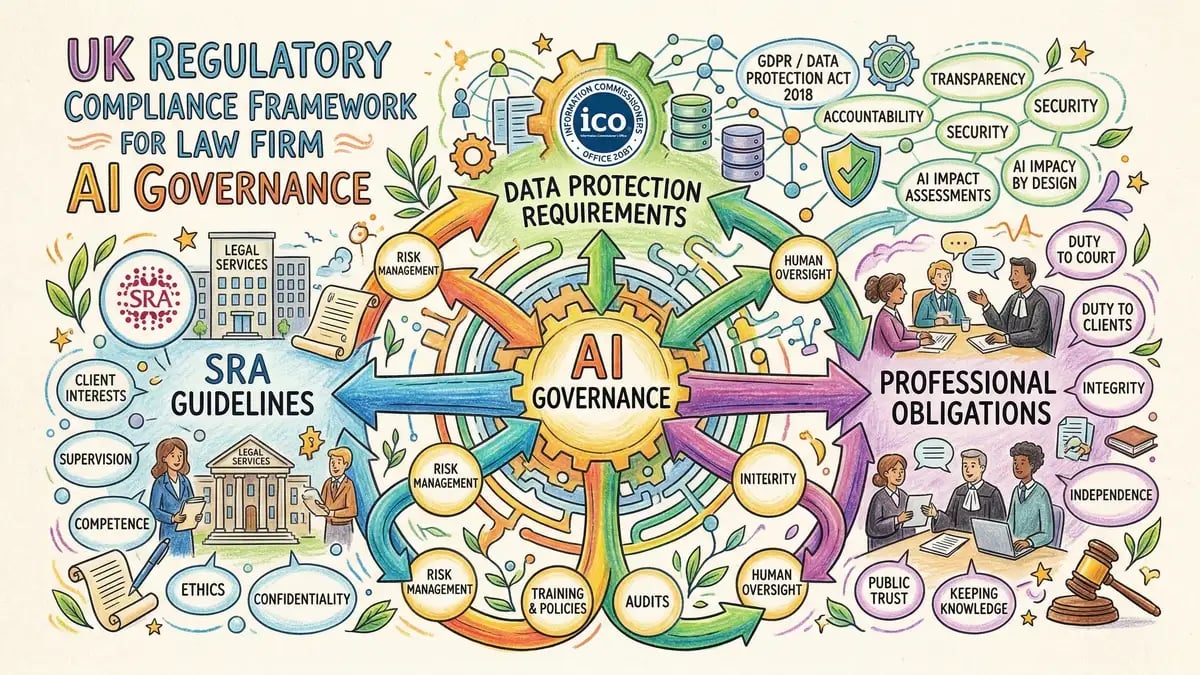 UK regulatory compliance framework for legal AI showing interconnected SRA guidelines, data protection requirements, and professional obligations