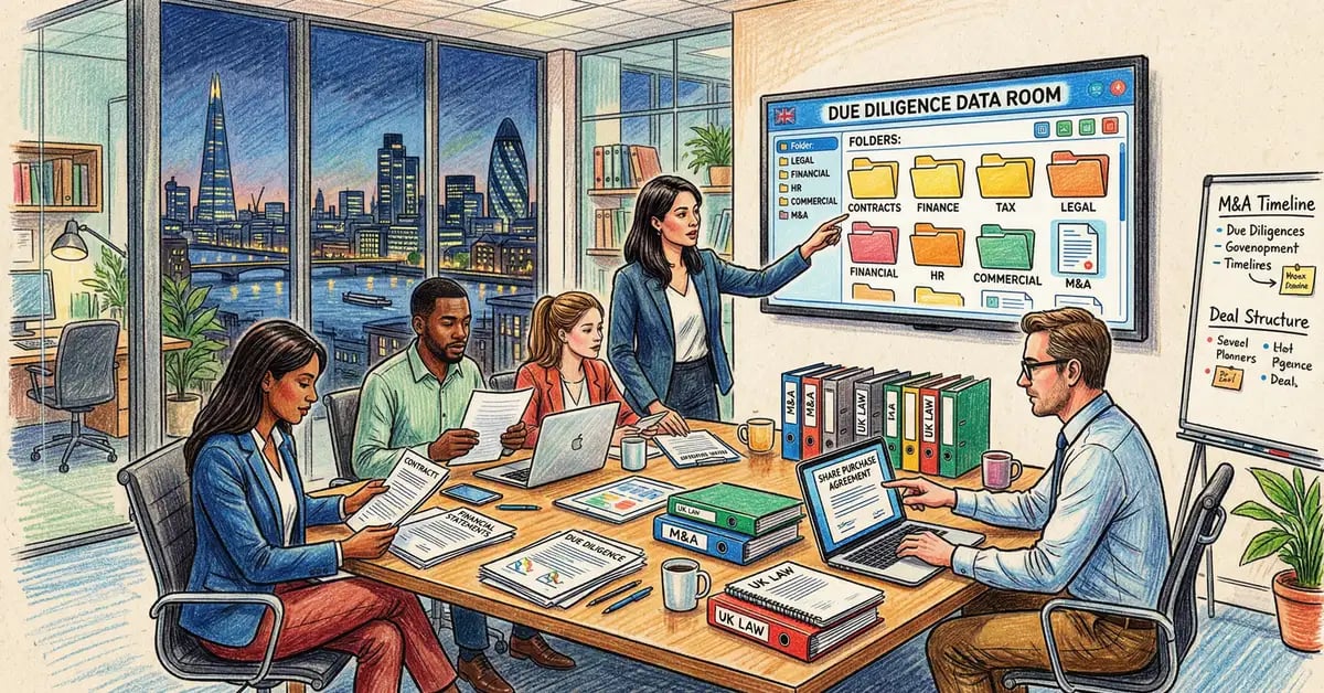UK law firm M&A deal team reviewing due diligence documents with AI-powered analysis tools in a modern London office