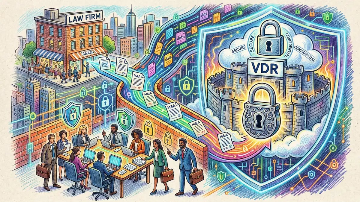 Secure virtual data room with encrypted document transfer and padlock symbols representing cybersecurity protections in M&A due diligence transactions