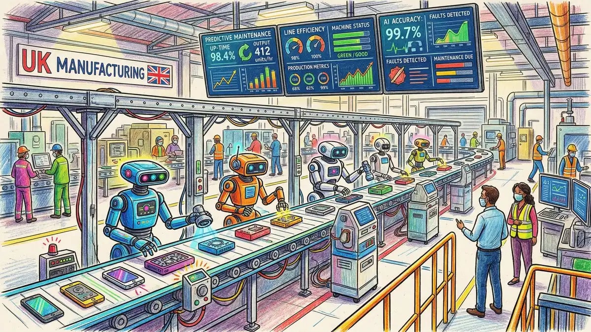 AI-powered manufacturing floor with robotic arms and digital quality control displays in a modern UK factory