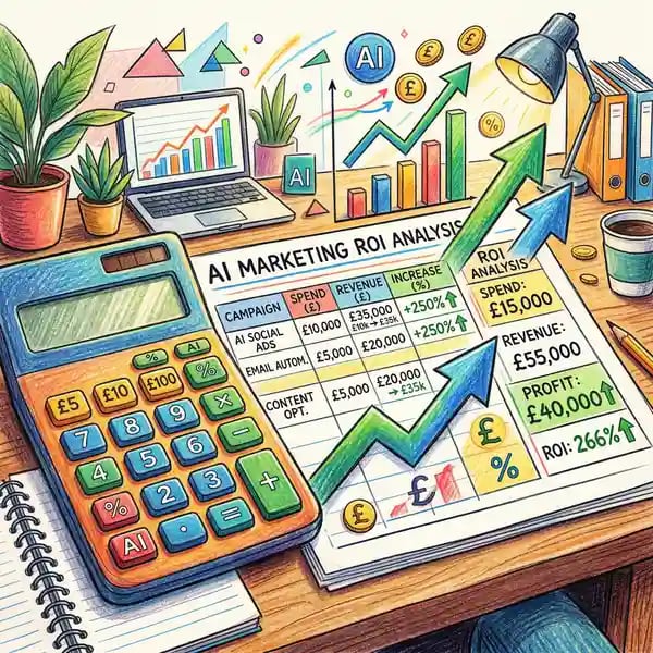 AI marketing ROI calculator showing pound sterling returns and percentage uplift metrics