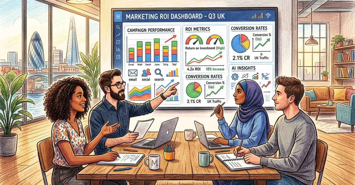 UK marketing team reviewing AI-powered ROI dashboard with campaign performance metrics