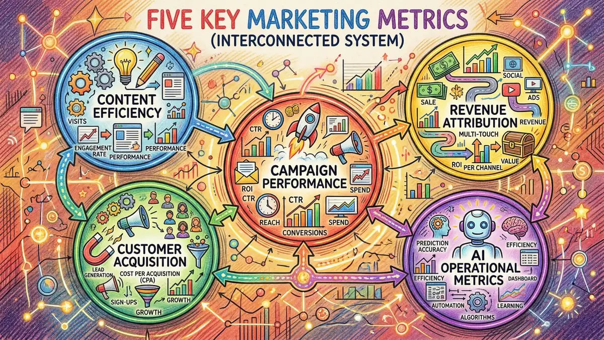Infographic showing five key AI marketing metrics: content efficiency, customer acquisition, campaign performance, revenue attribution, and operational metrics