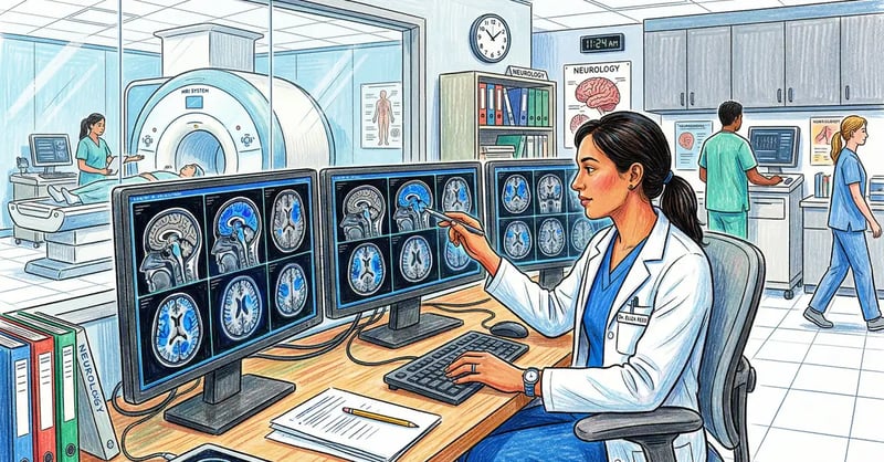 AI-powered medical imaging analysis showing diagnostic radiology screens with automated detection