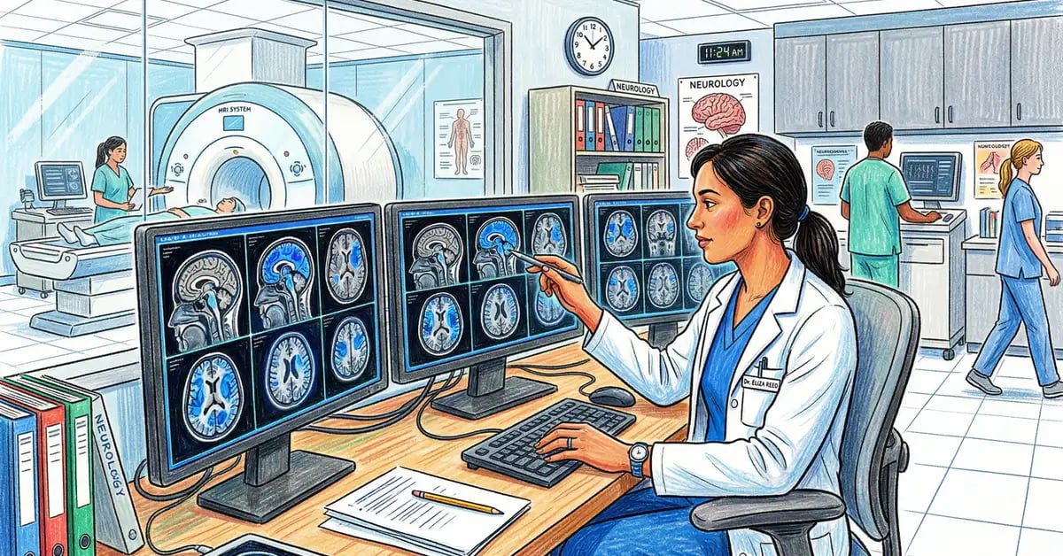 AI-powered medical imaging analysis showing diagnostic radiology screens with automated detection