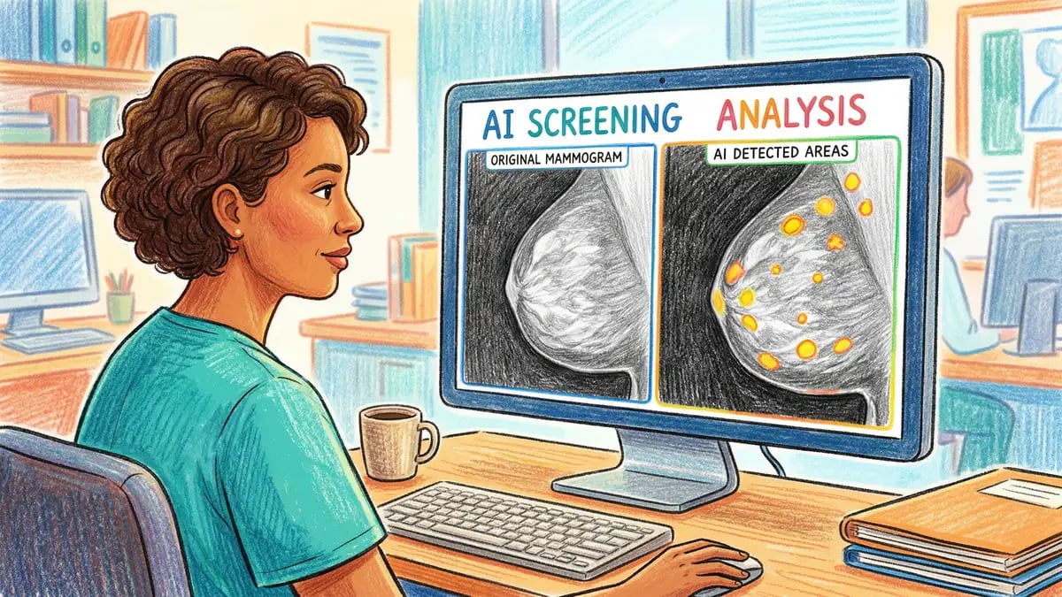 AI-powered breast cancer screening mammography analysis showing detection overlays