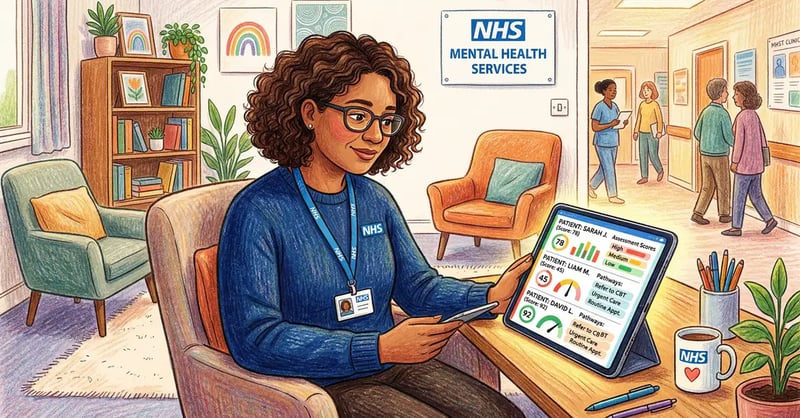 Mental health professional reviewing AI-powered patient triage results in NHS clinic