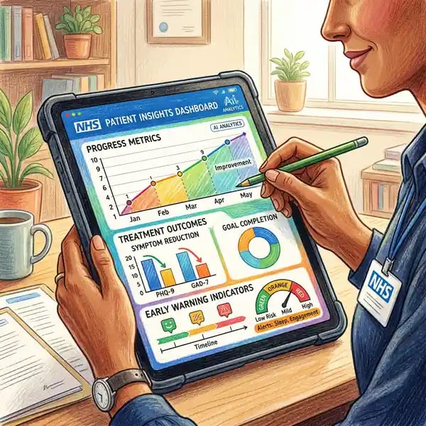 AI mental health platform analytics dashboard showing patient progress metrics and treatment outcomes