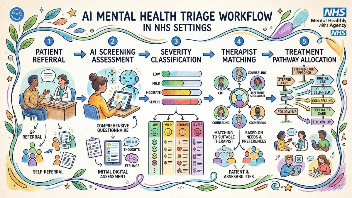 AI mental health triage workflow in NHS setting showing patient intake through digital assessment and risk stratification