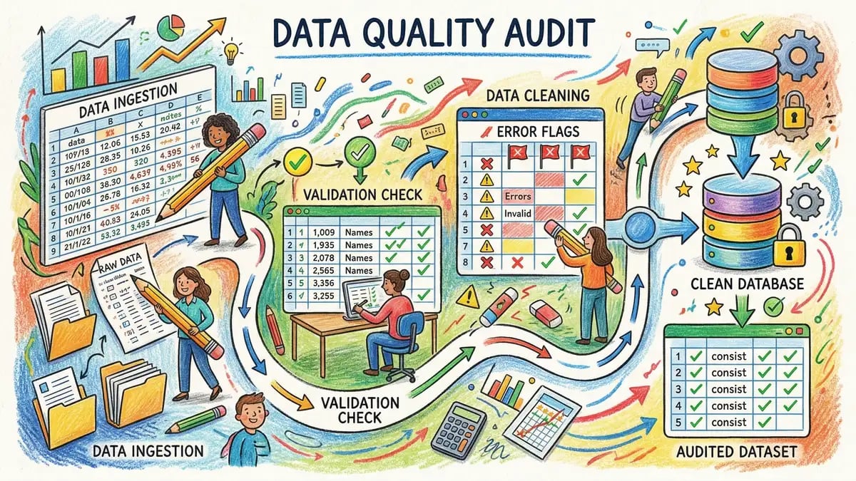 Data quality audit process showing validation checkmarks, error flags, and database workflow for AI MVP development