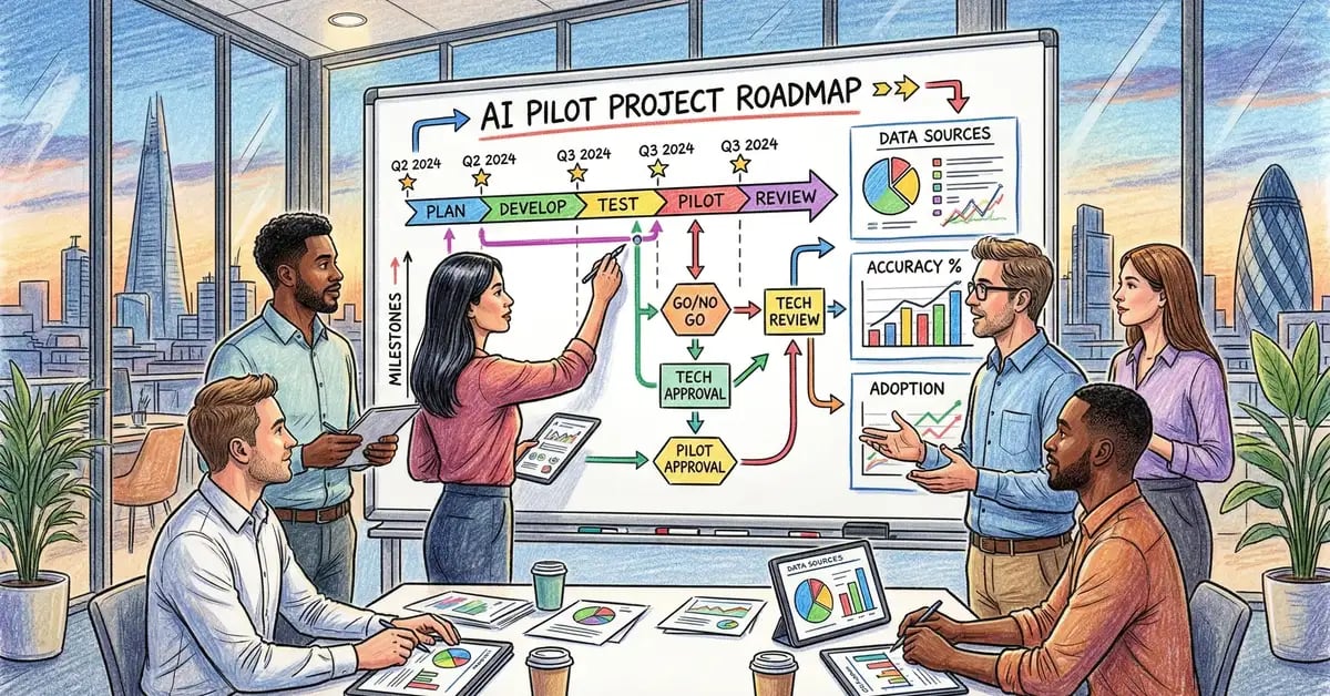 Business team reviewing AI pilot project roadmap with data dashboards and timeline charts in modern office