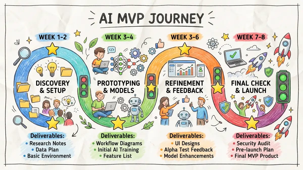 Four-phase AI MVP timeline showing weeks 1-8 with phase gates, deliverables, and decision checkpoints